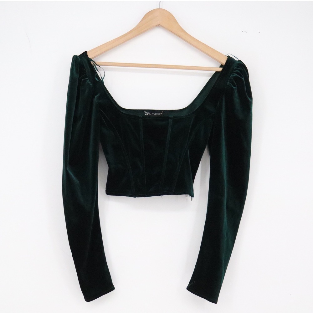 Zara Crop Top Womens S Corset Puffed Sleeve Forest Green Velvet Excellent